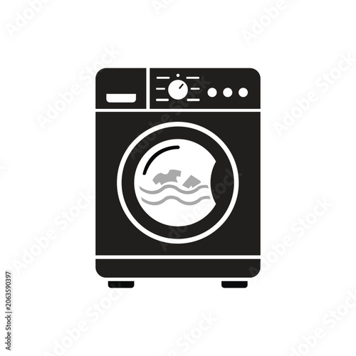 Front view of modern washing machine with sad face design on door in neutral setting