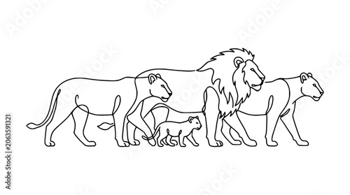 Canvas Print Lion Family Walking Line Art