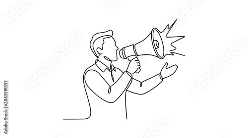 Man with megaphone, continuous line art