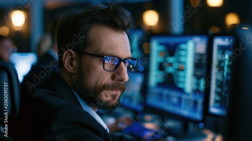 Software engineer focuses intently on multiple computer monitors while working in a dark control station.