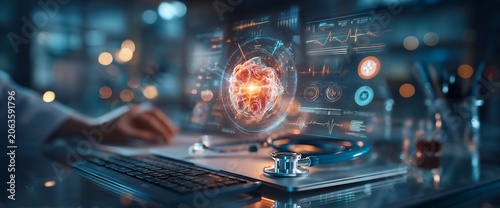 Futuristic medical scene with a doctor analyzing a glowing heart model on a computer. Stethoscope and keyboard are also present