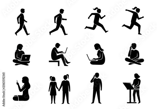 Black Silhouettes of People Working and Exercising on White Background