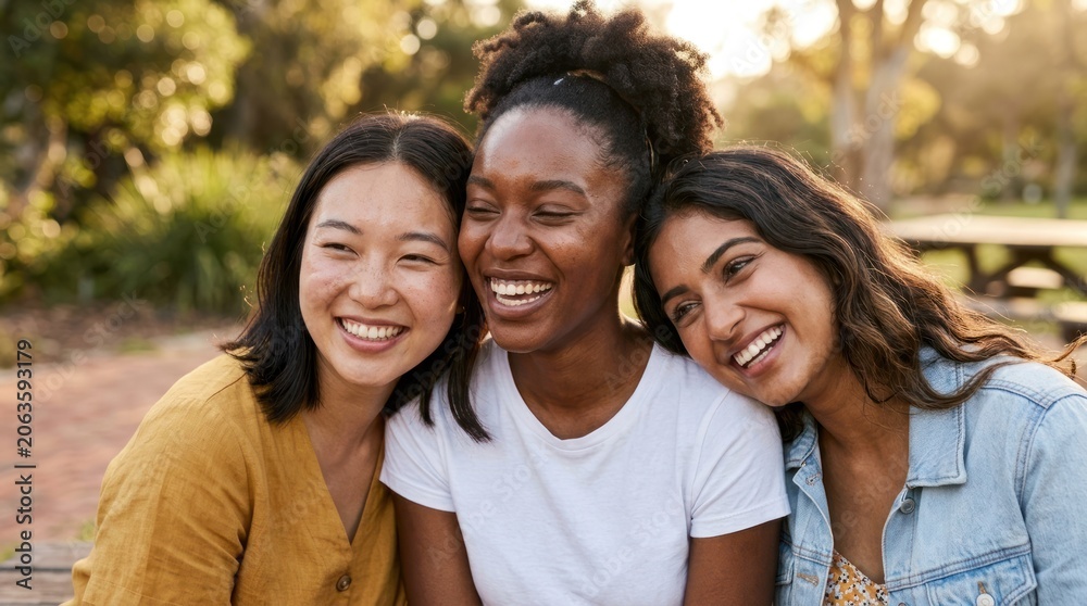 Fototapeta premium Three women smiling outdoors in a park.