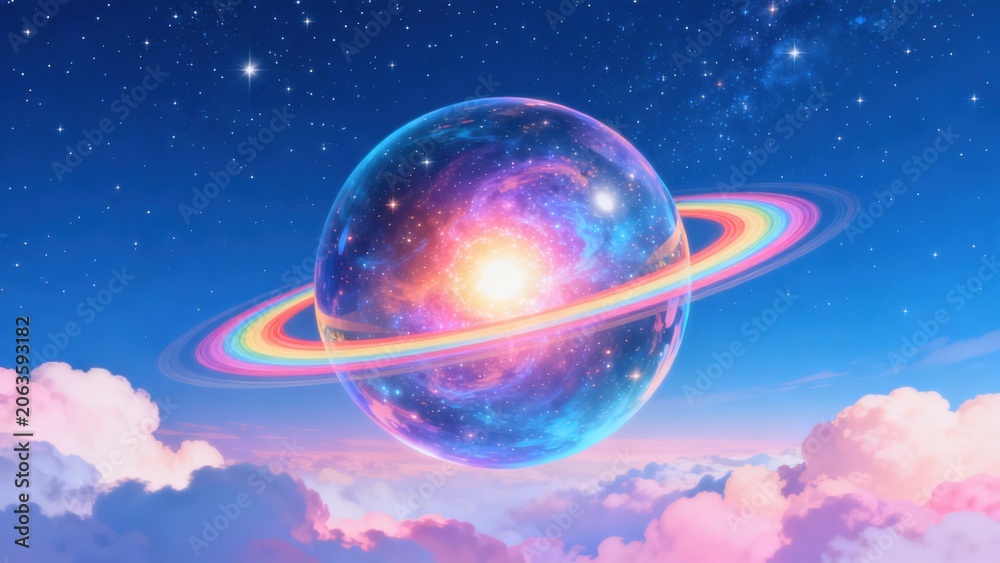 Fototapeta premium Colorful planet with rings in sky
