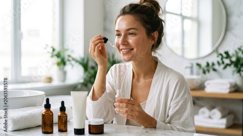 A woman in a white robe applying a dropper of serum to her face in a bathroom setting.