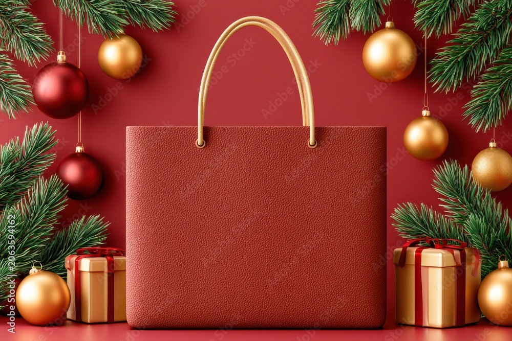 Fototapeta premium Blank red shopping bag on festive Christmas background with gifts, ornaments and holiday decorations