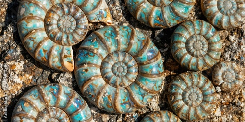 Close up of fossilized ammonite shells showing spiral patterns. Marine fossils have intricate turquoise blue and brown segmented swirls. Ancient sea creatures laid in stone.