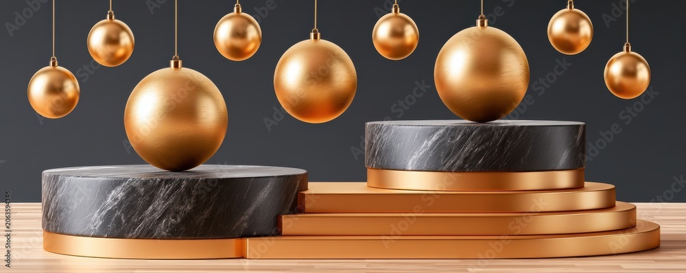 Fototapeta premium Luxury black marble Christmas podium with floating golden ornaments and festive holiday display