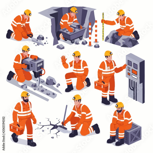 Construction Workers Performing Various Tasks in an Industrial Setting.