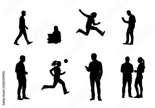 Black Silhouettes of People Running, Walking, and Jumping on White Background