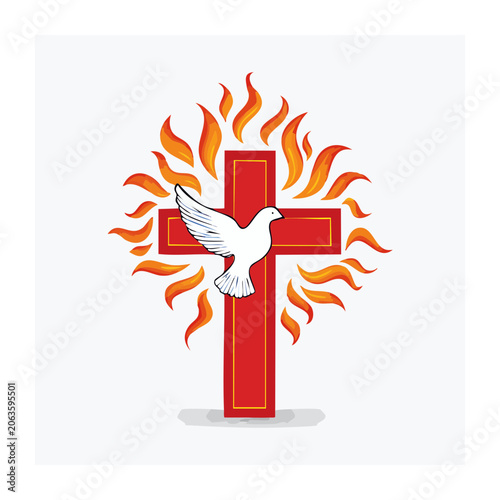 Christian cross with dove and flames