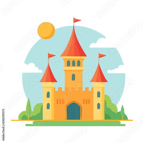 Flat design church with sun and sky