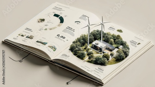 Eco-friendly sustainable living concept depicted in an open book with a modern home, wind turbines, and lush green nature