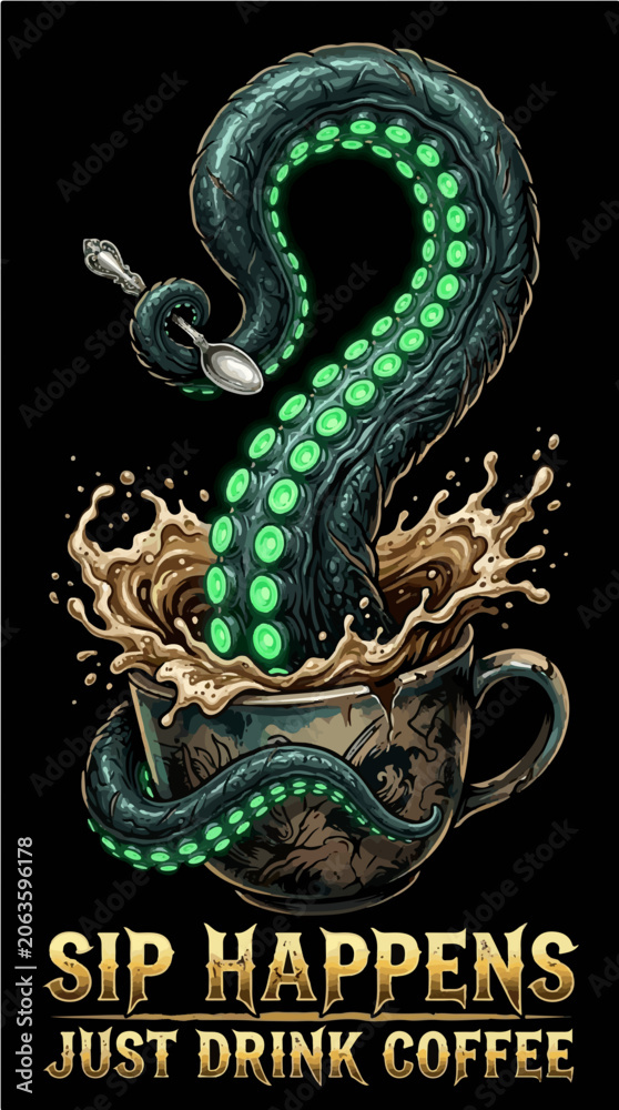 Fototapeta premium Glowing Octopus Tentacle Holding Spoon in Coffee Cup Vector Illustration Sip Happens Quote