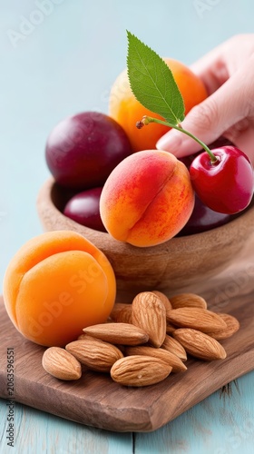 Fresh Apricots, Plums, and Almonds in a Wooden Bowl