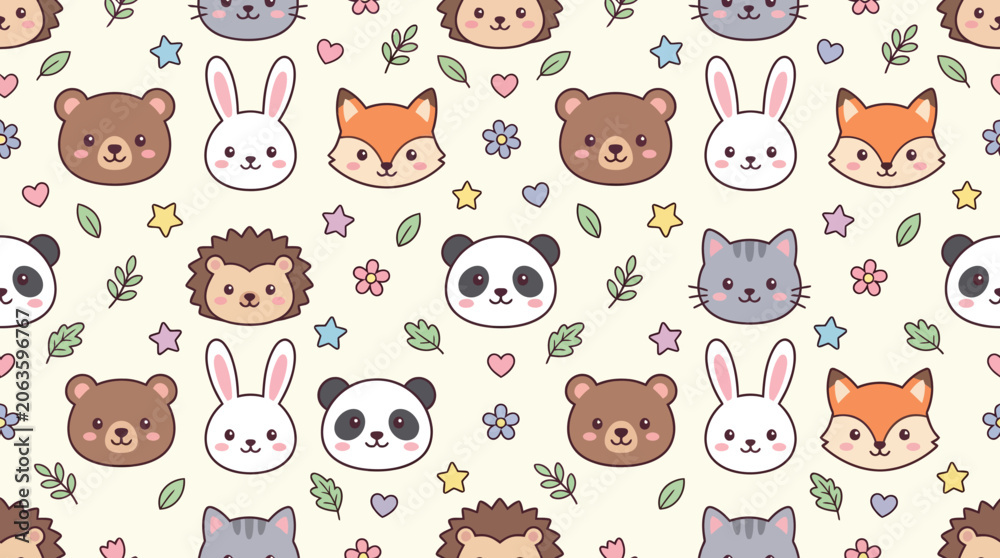 Fototapeta premium Cute Kawaii Animal Faces Seamless Pattern with Bear Panda Rabbit Fox and Hedgehog for Kids Nursery Wallpaper