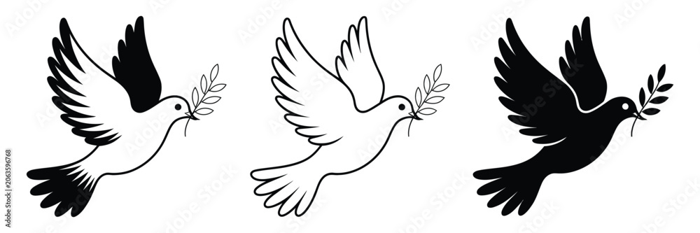 Obraz premium Dove Silhouettes Carrying Olive Branch as Peace Symbol in Elegant Flying Bird Vector Illustration