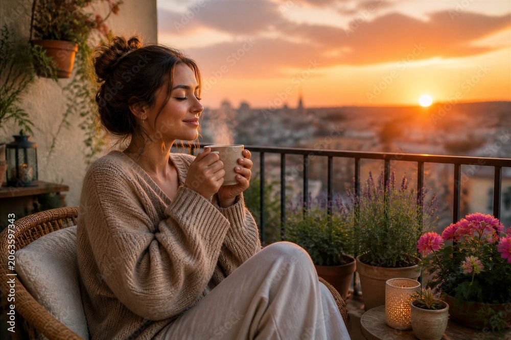 Fototapeta premium Woman enjoying hot drink on balcony during sunset cityscape