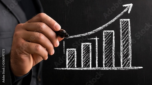 Businessman draws a rising financial chart on a black board to show progress and success in the economy.