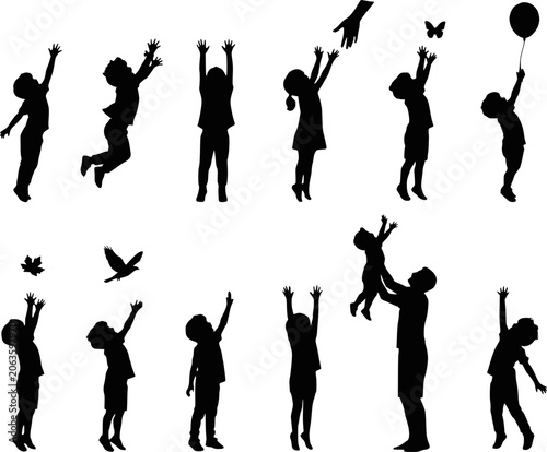 Child kid reaching up hand balloon butterfly silhouettes vector set isolated