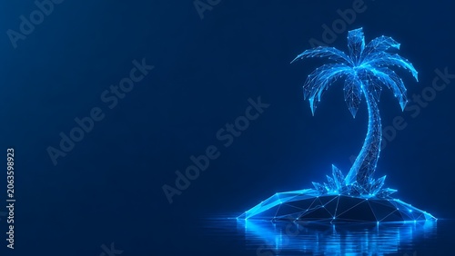 Low poly wireframe art of a tropical palm tree on a small island. low poly summer travel & vacation with tropical paradise wireframe polygonal. low poly summer travel & vacation