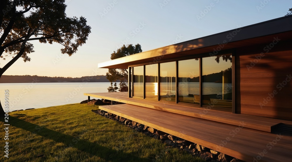 Obraz premium Modern wood house by calm lake at sunrise. Large glass windows reflect warm sun. Wooden deck offers serene water view. Peaceful morning at lakeside property.