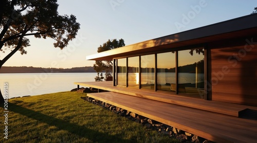Modern wood house by calm lake at sunrise. Large glass windows reflect warm sun. Wooden deck offers serene water view. Peaceful morning at lakeside property.