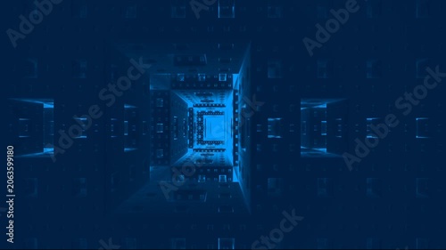 Futuristic Sci-Fi Corridor Loop - Seamless Blue Cyberpunk Tech Tunnel Motion. Futuristic Sci-Fi Corridor Tunnel with Glowing Lights