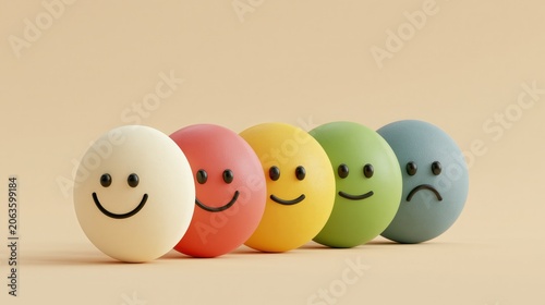 Spheres with different expressions represent the range of human emotions and customer service experiences.