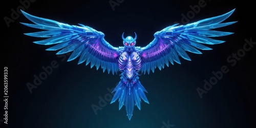 Futuristic robotic eagle with outspread wings glowing in neon blue and purple crystal textures against a dark backdrop