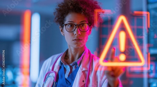 Doctor interacts with a holographic warning interface to analyze critical patient diagnostics in a clinic.