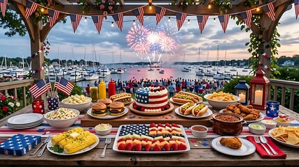 American Fourth of July Celebration Picnic Table with Fireworks