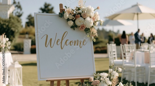 Welcome sign featuring ornate calligraphy stands on a wooden easel at a beautiful outdoor wedding reception.
