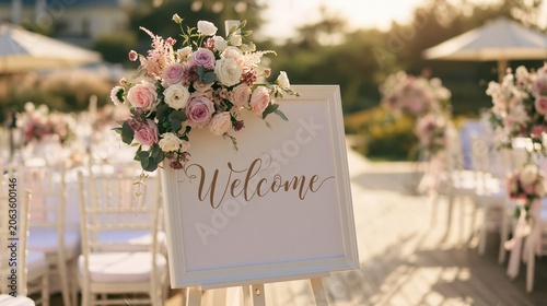 Wedding welcome sign decorated with fresh flowers stands elegantly at an outdoor garden venue for guests.