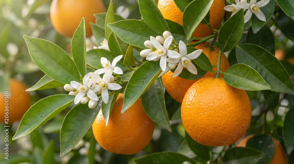 Naklejka premium Close-up of Fresh Ripe Oranges and Delicate White Orange Blossom Flowers on a Green Tree Branch.