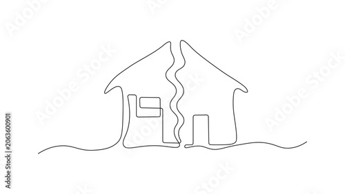 Minimalist continuous line drawing of a house split in two halves by a wavy line, window and door visible, divorce concept, property division, separation agreement