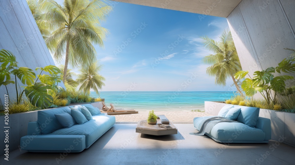 Fototapeta premium Luxury beachfront villa terrace with ocean view, palm trees, and modern furniture