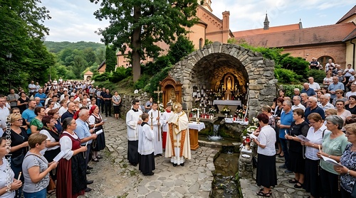 Catholic Eucharistic Adoration and Procession at Outdoor Grotto