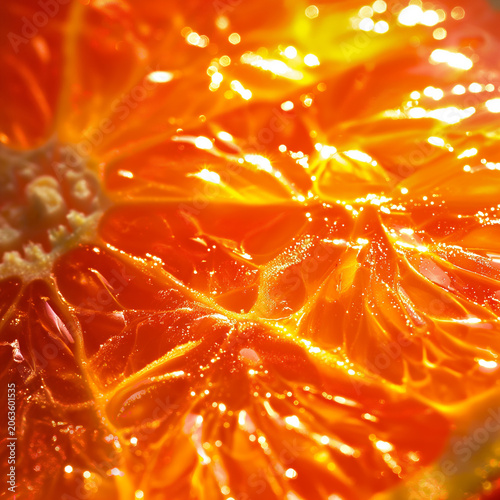 Glowing orange macro texture with citrus pulp and vibrant light details