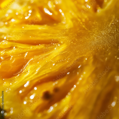 Golden pineapple macro texture with juicy fibers and glowing tropical detail