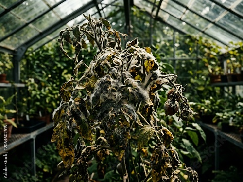 Diseased tomato plant with heavy white mold infection in a greenhouse