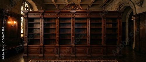 Empty Ornate Dark Wood Bookshelf in Grand Gothic Library Interior