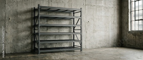 Industrial heavy duty metal shelving unit in a concrete warehouse space