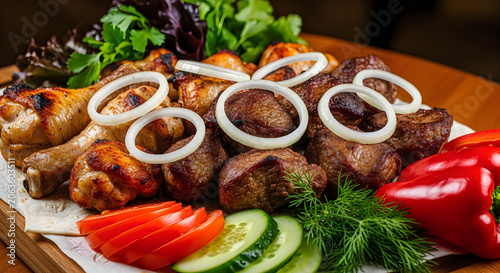 Delicious grilled chicken and pork shish kebab served on a wooden platter with fresh sliced vegetables and raw onion rings captured in this high quality vibrant professional food photography shot.