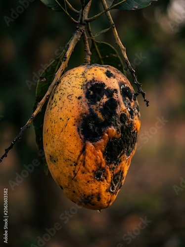 Rotting Mango with Black Mold Hanging from a Tree Branch
