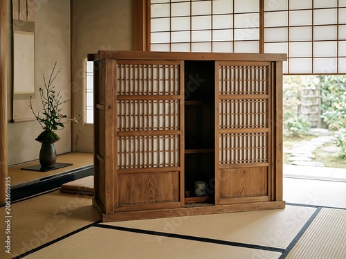 Traditional Japanese wooden cabinet in a washitsu room with tatami and garden view