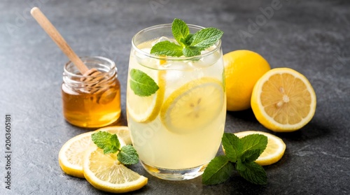 Refreshing glass of cold homemade lemonade with bright yellow lemon slices, fresh green mint leaves, and sweet golden honey syrup