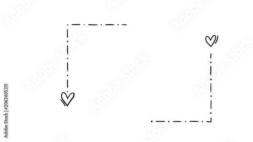 Hand drawn cute dashed line frame with hearts minimal doodle corner borders sketch