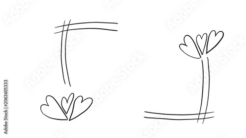 Hand drawn romantic doodle frame set with hearts minimal line art corner borders sketch