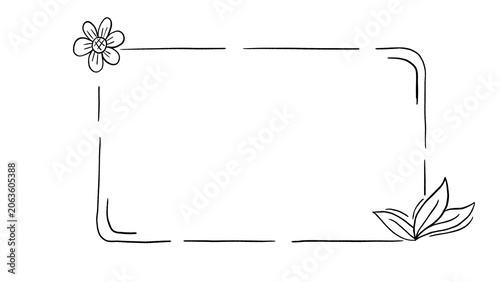 Hand drawn floral doodle frame with flower and leaves minimal line art rectangle border sketch